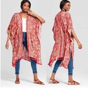 Floral Red Kimono with Tassels